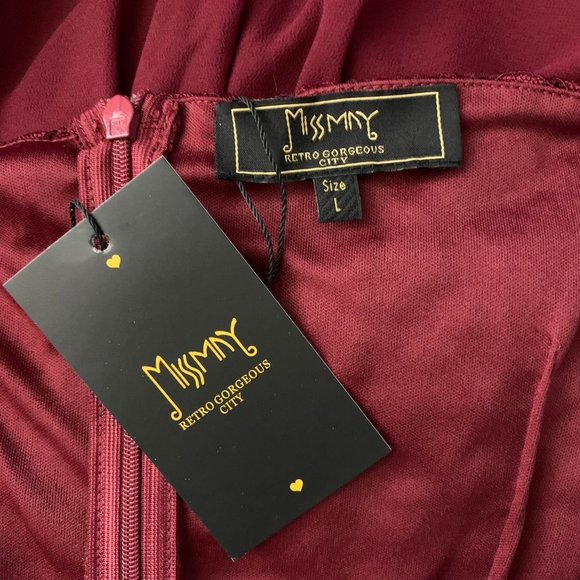 MissMay Retro Lace Chiffon Swing Dress L Wine Red Flutter Sleeve Lined Zip NEW - Picture 8 of 8